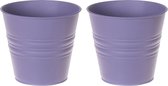 Seau/pot de fleur en zinc - 2x - violet lilas - D14 x H12 cm - Pots à plantes