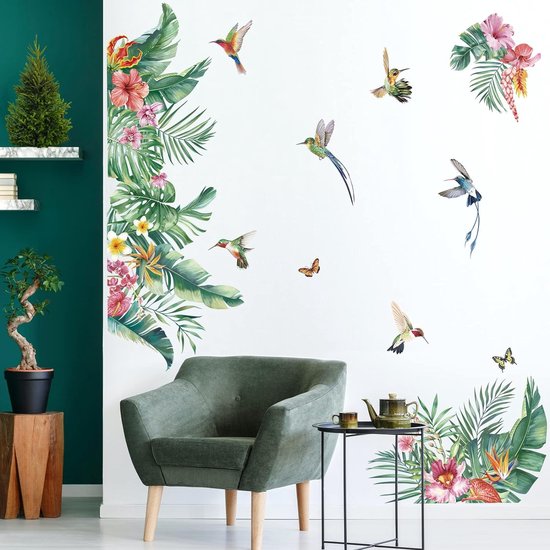 Stickers muraux muraux de feuilles tropicales vertes, fleur d'hibiscus  tropical