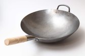 14 inch Traditionele, met de hand gehamerde, koolstofstalen pow wok met houten en stalen hulphandvat (diameter 35,6 cm, ronde bodem)/731W88