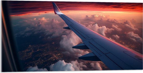 Acrylglas - Hoogvliegend Vliegtuig boven de Wolken - 100x50 cm Foto op Acrylglas (Met Ophangsysteem)