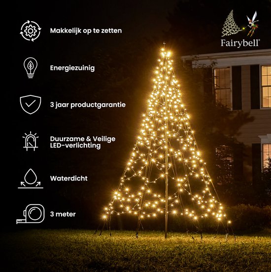 Fairybell LED Kerstboom voor buiten inclusief mast - 3 meter - 480 LEDs - Warm wit - Fairybell