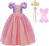 Prinsessenjurk meisje - Roze / Paarse jurk - maat 134/140 (140) - Het Betere Merk - Verkleedkleding meisje - Carnavalskleding Kind - Kleed - Lange handschoenen - Kroon - Toverstaf