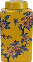 Gele porseleinen pot met bloemen en blauwe bladeren, met deksel.