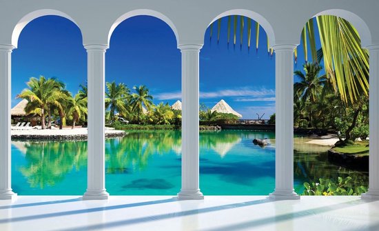 Foto: Fotobehang vlies behang 3d tropisch hawaii door de pilaren gezien 254 x 184 cm