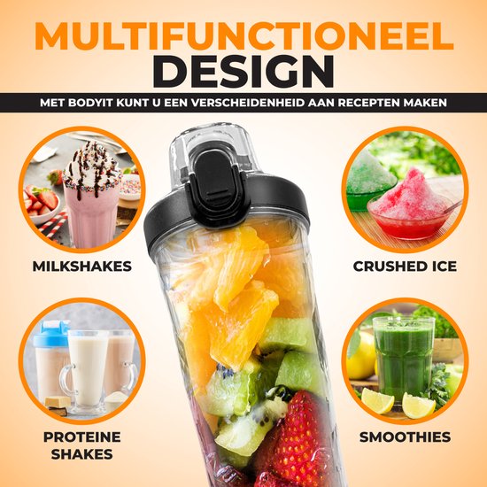 BODYIT® - Draagbare Blender met Extra Accessoires - 700ml - 6 Mesjes - Portable Blender To Go - USB-C - Oplaadbare Blenders met Accu - Draadloze Smoothie & Shake Maker - Zwart van BODYIT® — afbeelding 2