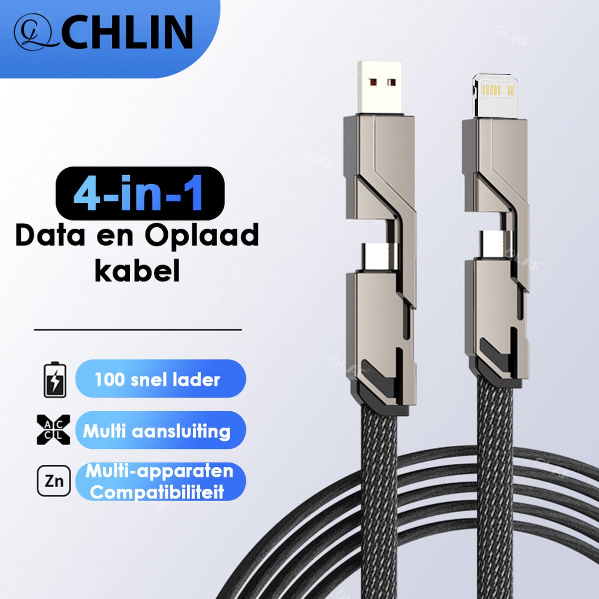 CL CHLIN®: Premium 4in1 100w oplaadkabel voor iphone, samsung, macbook en laptops - Usb-c kabel - lightning usb kabel- macbook oplaadkabel - Premium oplaadkabel