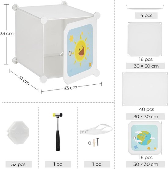 BRIAN & DANY Cartoon kledingkast, doe-het-zelf modulaire opbergorganizer, stevig en veilig voor kinderen, 8 kubussen en 2 hangende delen, blauw, 110 x 47 x 147 cm