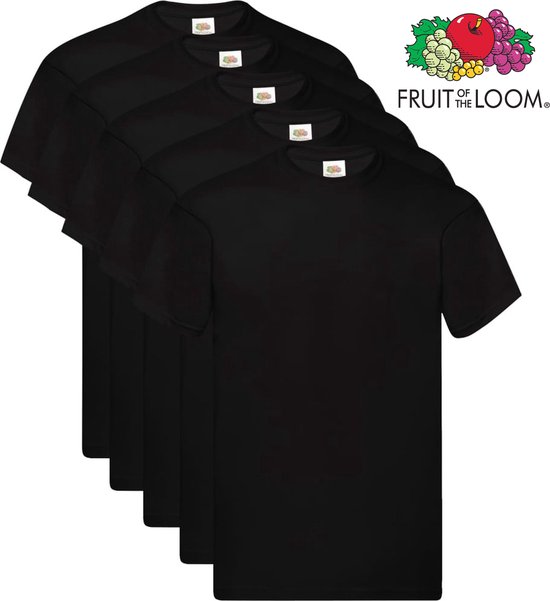 Lot de 5 T-shirts Fruit of the Loom Original pour hommes, 100 % coton, col rond, noir, taille 5XL