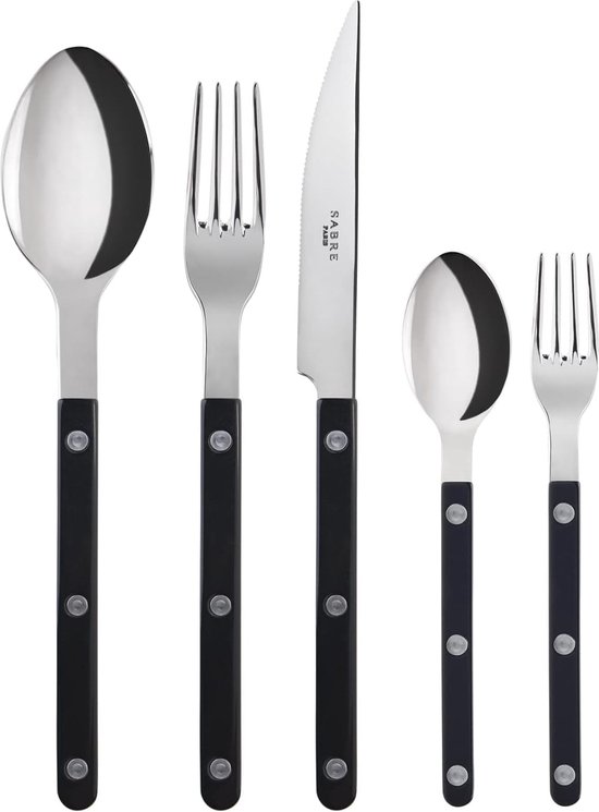SABRE PARIS - Tafelbestek, 5-delig - Bistrot - mes, vork, eetlepel, theelepel & taartvork - roestvrij staal & nylon - vaatwasmachinebestendig - zwart
