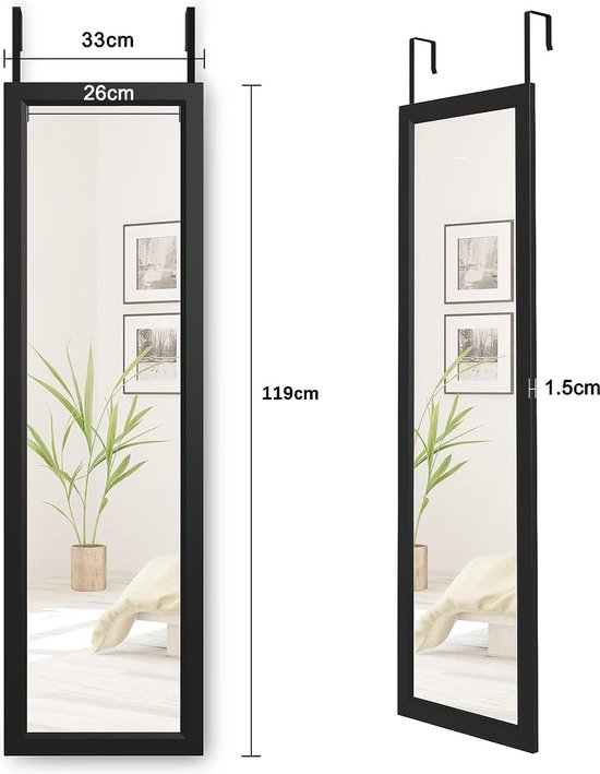 Wandspiegel 33x119cm spiegel onbreekbaar garderobespiegel gangspiegel in hoogte verstelbare hangspiegel met haak (zwart)