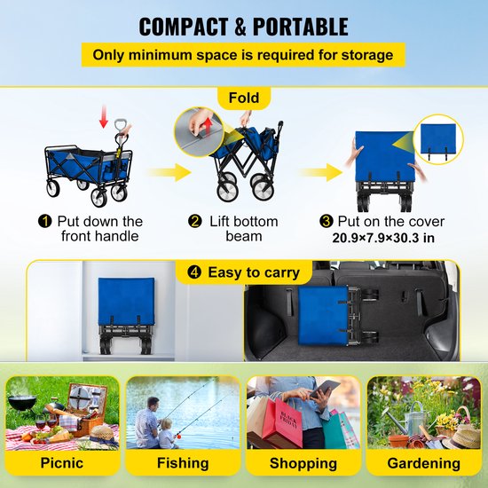 VEVOR Bolderkar, 544 kg, belastbaar tuinwagen, 112 x 75 x 27,8 cm, transportwagen, stalen frame, rubberen wielen, gereedschapswagen, 82 cm, handgreep, handwagen, tuinwagen, 2 m touw, ideaal voor