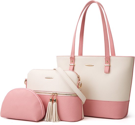 VOXO Premium Set de 3 Sacs à main pour femme - Sac fourre-tout, sac à bandoulière, sac à bandoulière et pochette pour femme - Rose avec Wit