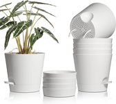 Kunststof bloempot met bewateringssysteem, set van 6 zelfbewaterende potten met onderzetter, ronde plantenpot voor binnen en balkon, tuinplanten, vetplanten, cactus, 20 cm, wit