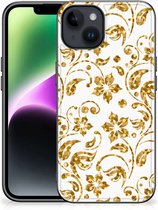 Back Cover Siliconen Hoesje Geschikt voor iPhone 15 Telefoonhoesje met Zwarte rand Gouden Bloemen