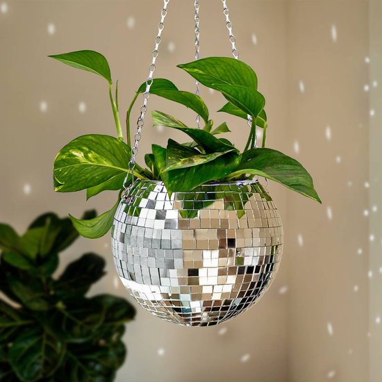 MikaMax Funky Disco Plantenpot - Spiegeldiscobal 13x18x20 cm - Ophangoog & Staand - Inclusief Ketting & Extra Spiegeltjes - Voor Binnen & Buiten