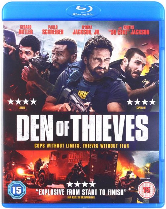 Blu-ray hoes met 4 mannen die wapens vasthouden. Twee sterren, "DEN OF THIEVES" tekst en een pantserwagen.