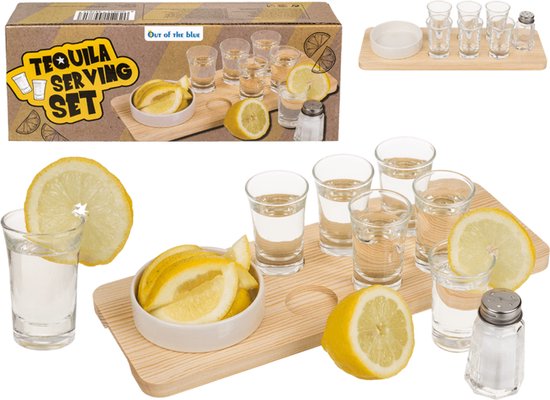 Deux images d'un set de service tequila avec verres à shot, citron, bol et salière sur plateau.