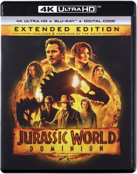 Jurassic World Dominion 4K Ultra HD Blu-Ray, Extended Edition met cast en dinosaurus schedel