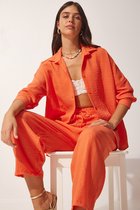 Happiness Istanbul Chemise à manches standard en lin Oranje pour femme et costume pantalon Shalwar DZ00080