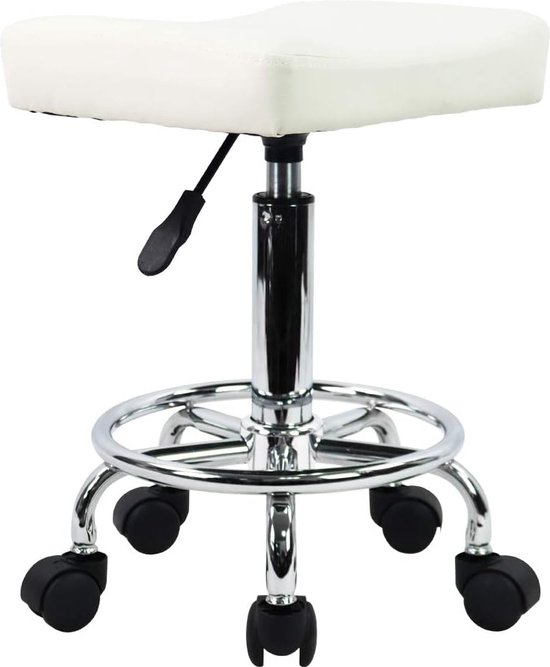 Vierkante rolstoel PU lederen hoogte verstelbare draaibare massage SPA Salon krukken taakstoel met wielen (wit)