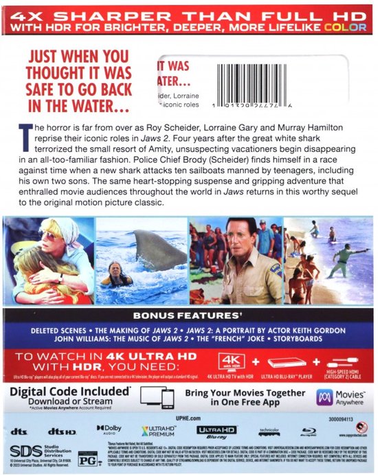Achterkant van de Jaws 2 Blu-ray hoes, met een samenvatting, bonusfuncties en technische specificaties.