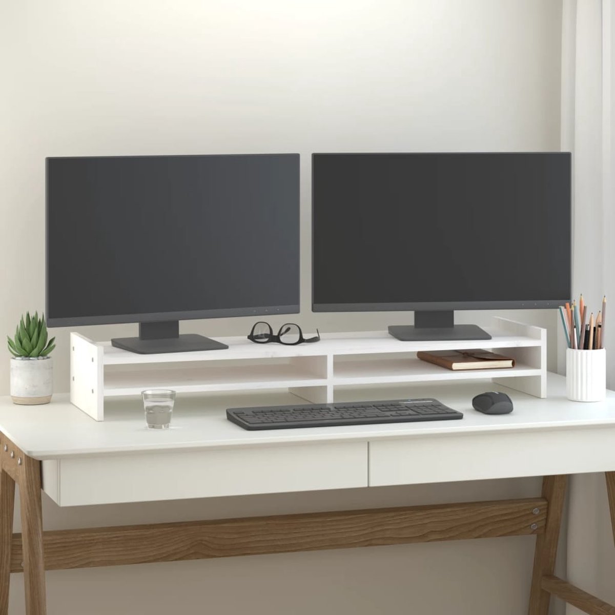 The Living Store monitorstandaard Grenen - Computerstandaard - 100 x 27 x 15 cm - Wit