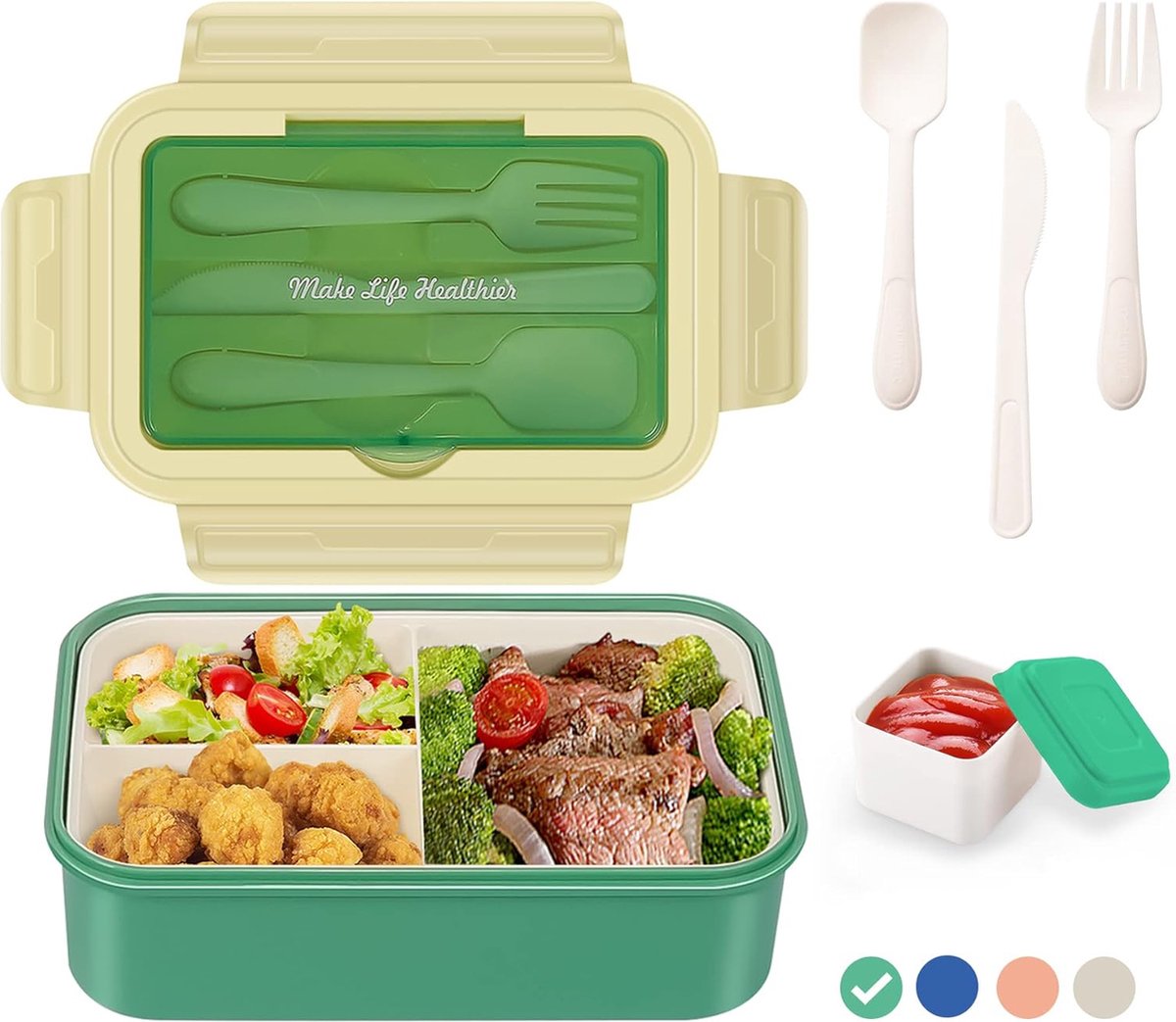 SHOP YOLO - Lunchbox kinderen -Broodtrommel voor volwassenen-1400 ml- met 3 vakken -Groen