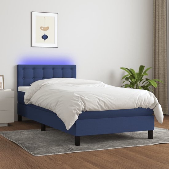 The Living Store Boxspring Blue - Single Bed - 203x90x78/88 cm - Adjustable Headboard - Colorful LED Lighting - Pocket Spring Mattress - Skin-Friendly Top Mattress - USB Connection