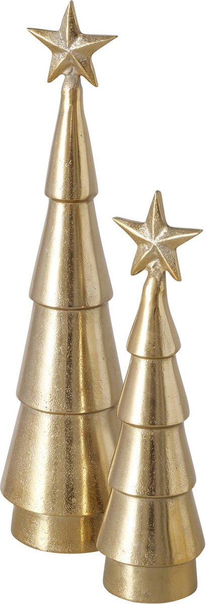 Goudkleurige metalen kerstbomen 36cm hoog, aluminium materiaal, feestelijke kerstdecoratie.
