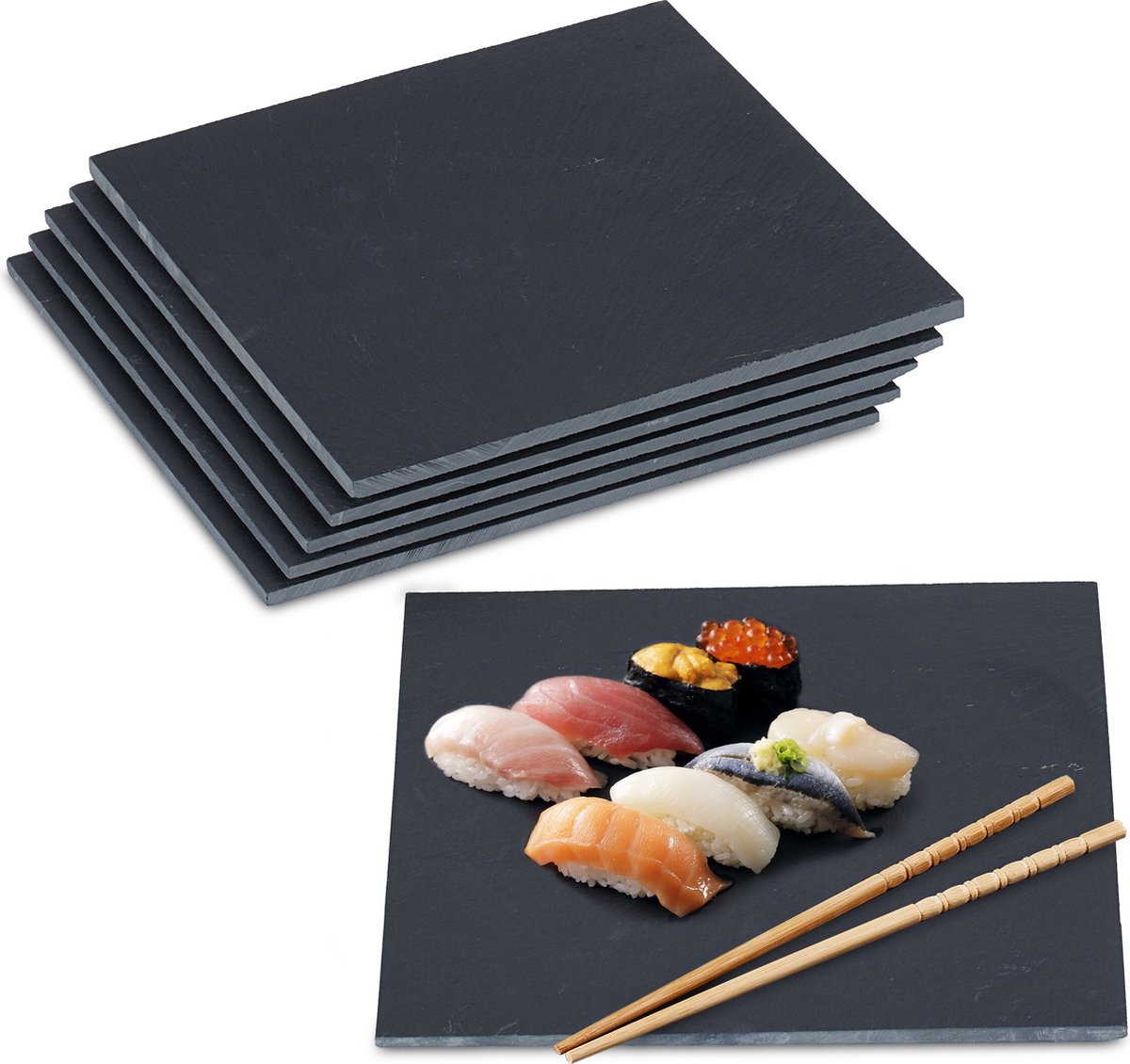 leisteen serveerplank - set van 6 - vierkant - 25 x 25 cm - kaas - zwart