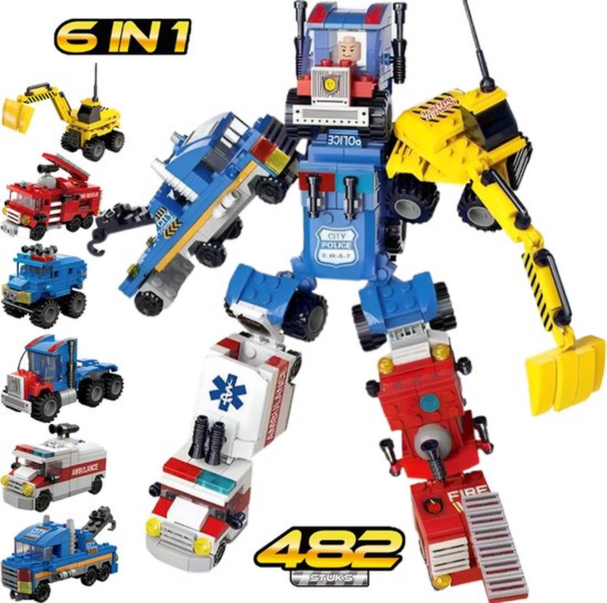 QuchiQ™ Robot speelgoed bouwpakket - STEM speelgoed - Bouwsets - Robot auto Speelgoed - Politie - Brandweerauto - Speelfiguren sets - 482 bouwstenen - QuchiQ