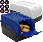 Aardappelopbergdoos, donkerblauw en wit, set van 2, groentebox, aardappelbox met deksel voor ca. 4 kg aardappelen + 6 stickers met groentesoorten