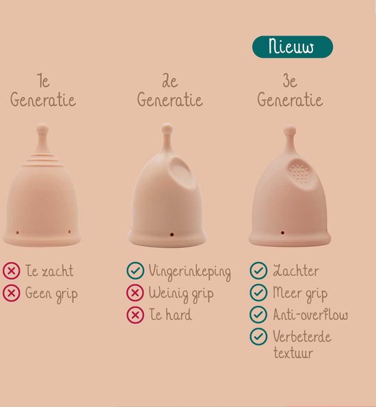 Comparaison de trois générations de coupes menstruelles : coupes Bamboozy de 1ère, 2e et 3e génération.