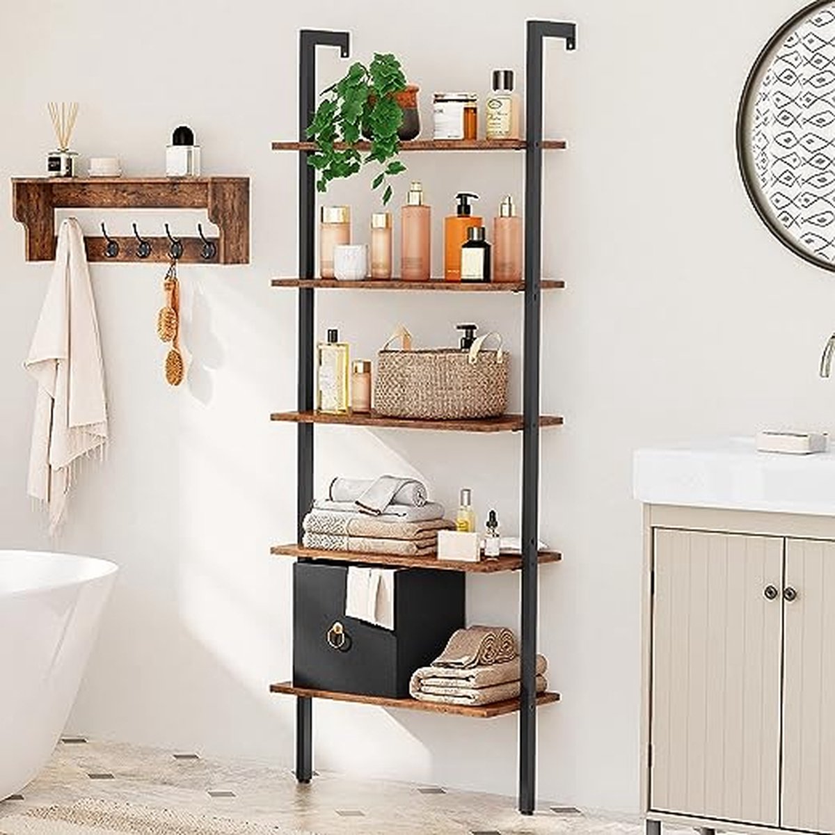 Ladderplank – Boekenkast met 5 Planken en 2 Lades – Staand Opbergrek – 60x30x168 cm – Industrieel Design – Houten Planken met Metaal Frame – Voor Woonkamer, Slaapkamer of Keuken