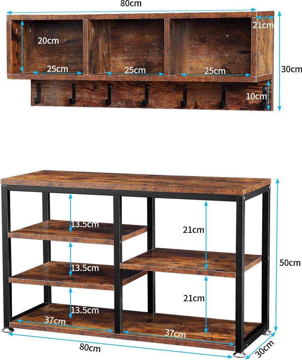 Cintre Meuble à Chaussures MDF Métal avec 2 Etagères 7 Crochets pour Entrées