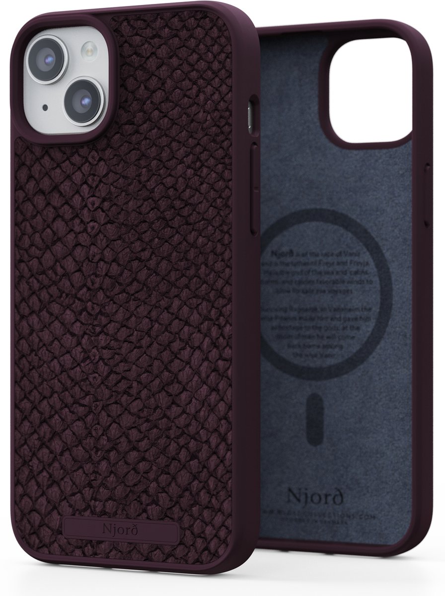 Njord Collections Zalm Leder Telefoonhoesje - Geschikt voor iPhone 15 Plus - Gereycled / Duurzaam materiaal - 2 Meter valbescherming - Mag Compatible / Inclusief Magnetische Ring – Paars