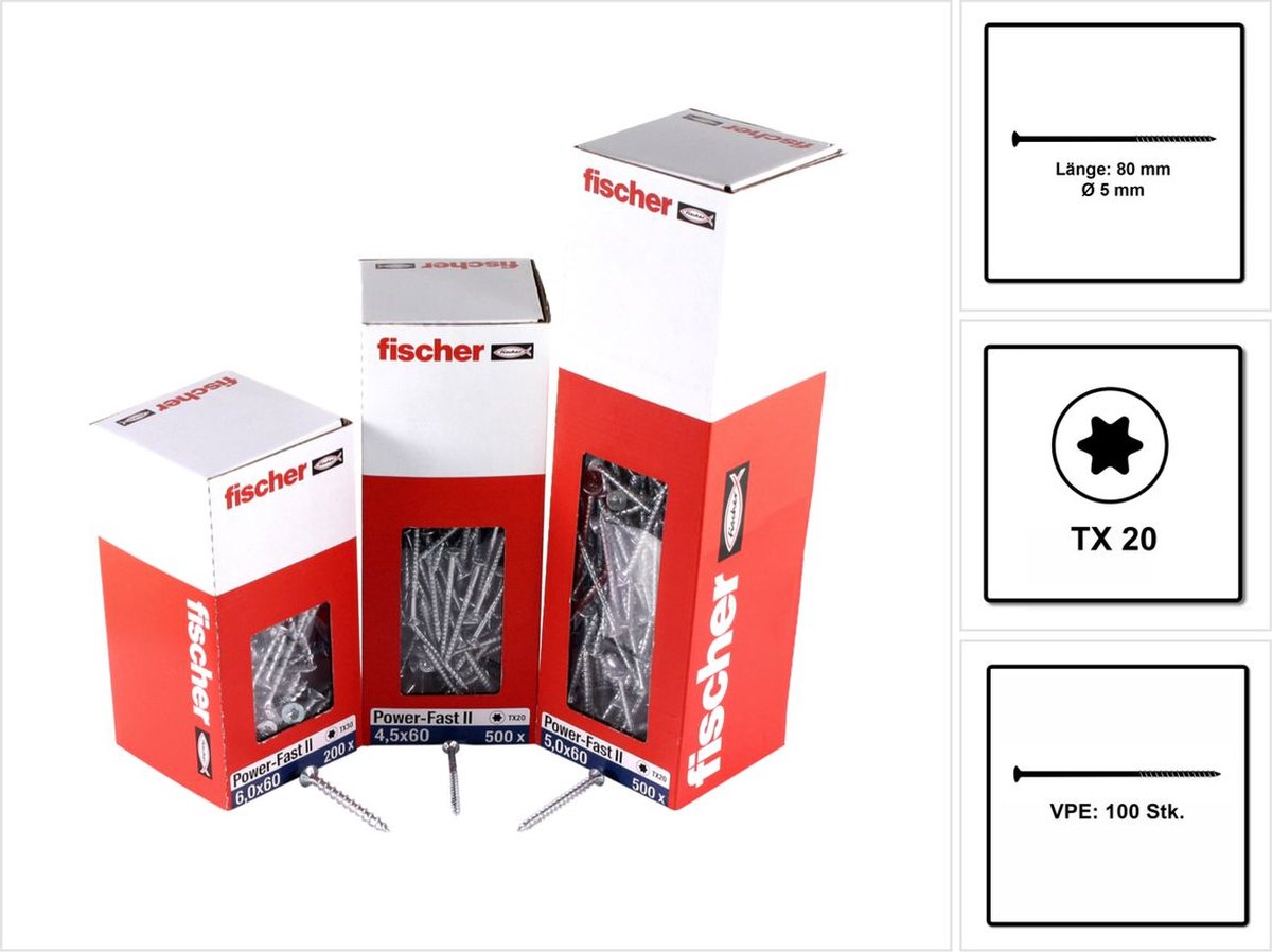 Fischer 100x Power-Fast II FPF II CTP 5 x 80 mm BC verzonken kop met binnenster TX20 deel draad galvanisch verzinkt blauw gepassiveerd - 670382