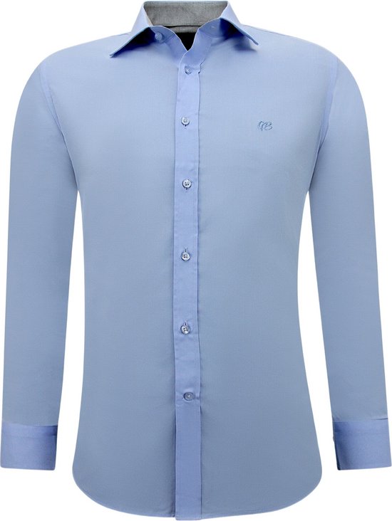 Business Heren Overhemden Lange Mouw - Slim Fit Blouse Stretch - Blauw