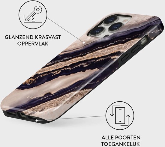 iPhone 15 hoesje met marmerpatroon in paars, goud en beige, glanzend krasvast oppervlak, alle poorten toegankelijk.