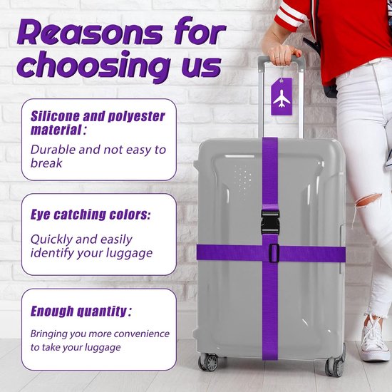 BOTC Kofferriem met Cijfer Slot - 4 stuks - 2 Kofferriem met cijferslot + 2 bagagelabels - 200 cm * 5 cm - Bagage Riem - Bagageband - Verstelbaar - Paars