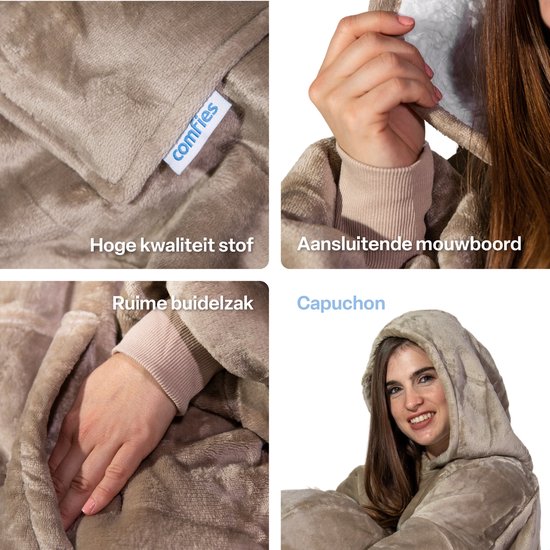 Comfies® Draagbare Deken - Hoodie Blanket huggle - Oversized - Oodie - Fleece Sherpa - Hoge kwaliteit- Plaid cozy snuggie - Grey- Grijs - Comfies