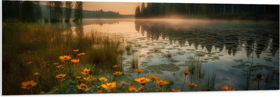 PVC Schuimplaat - Gele Bloemen Dobberend op het Water bij Bomen - 150x50 cm Foto op PVC Schuimplaat (Met Ophangsysteem)