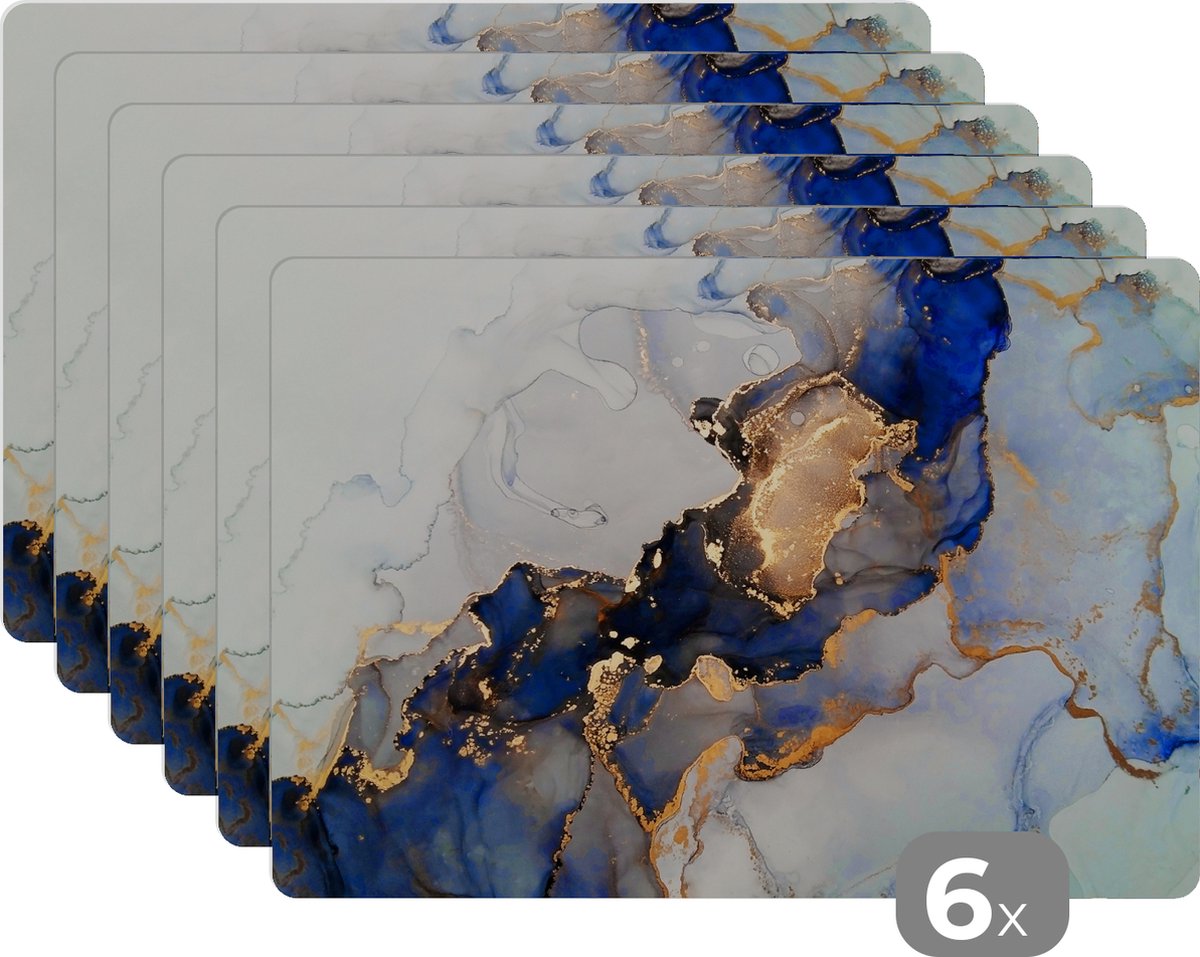 Placemats - Marmer - Blauw - Goud - Onderleggers placemat - 45x30 cm - 6 stuks