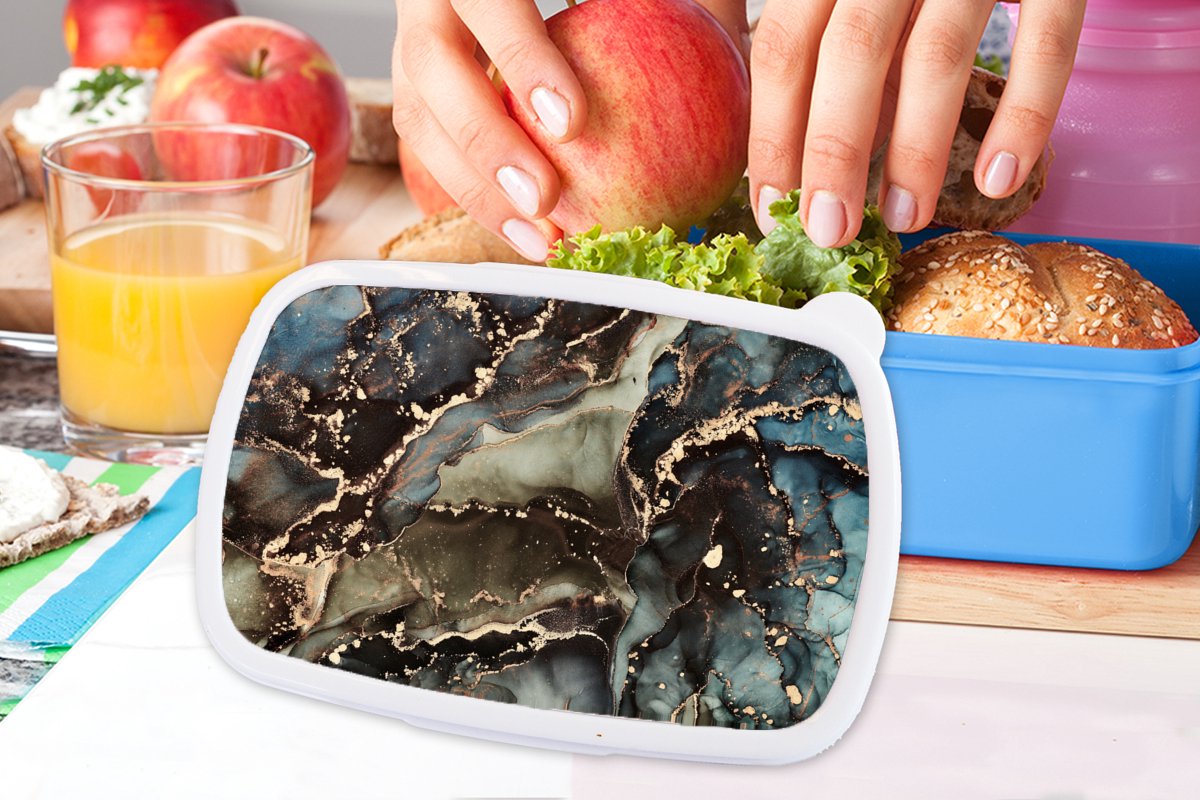 Broodtrommel Blauw - Lunchbox - Brooddoos - Marmer - Goud - Groen - 18x12x6 cm - Kinderen - Jongen