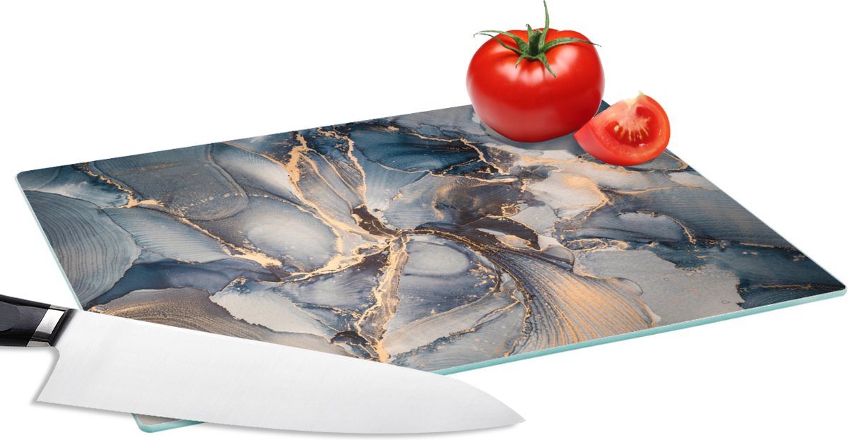 Glazen Snijplank - 28x20 - Marmer - Grijs - Blauw - Luxe - Goud - Snijplanken Glas