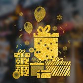 Raamstickers Kerst Gouden Kadootjes - Gold - Glitter - Cadeaus - Ballonnen - Herbruikbaar - Sneeuwvlokken - Kerstmis - Decoratie - Raamdecoratie - Kerstversiering - Raamversiering - Merry Christmas - Presents