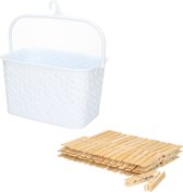 Panier à pinces à linge avec crochet de suspension - blanc - et 60x pinces à linge en bois 7 cm - linge suspendu