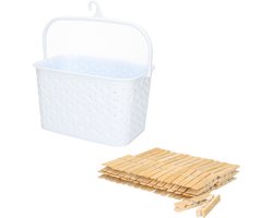 Wasknijpersmandje met ophanghaak - wit - en 60x houten wasknijpers 7 cm - was ophangen