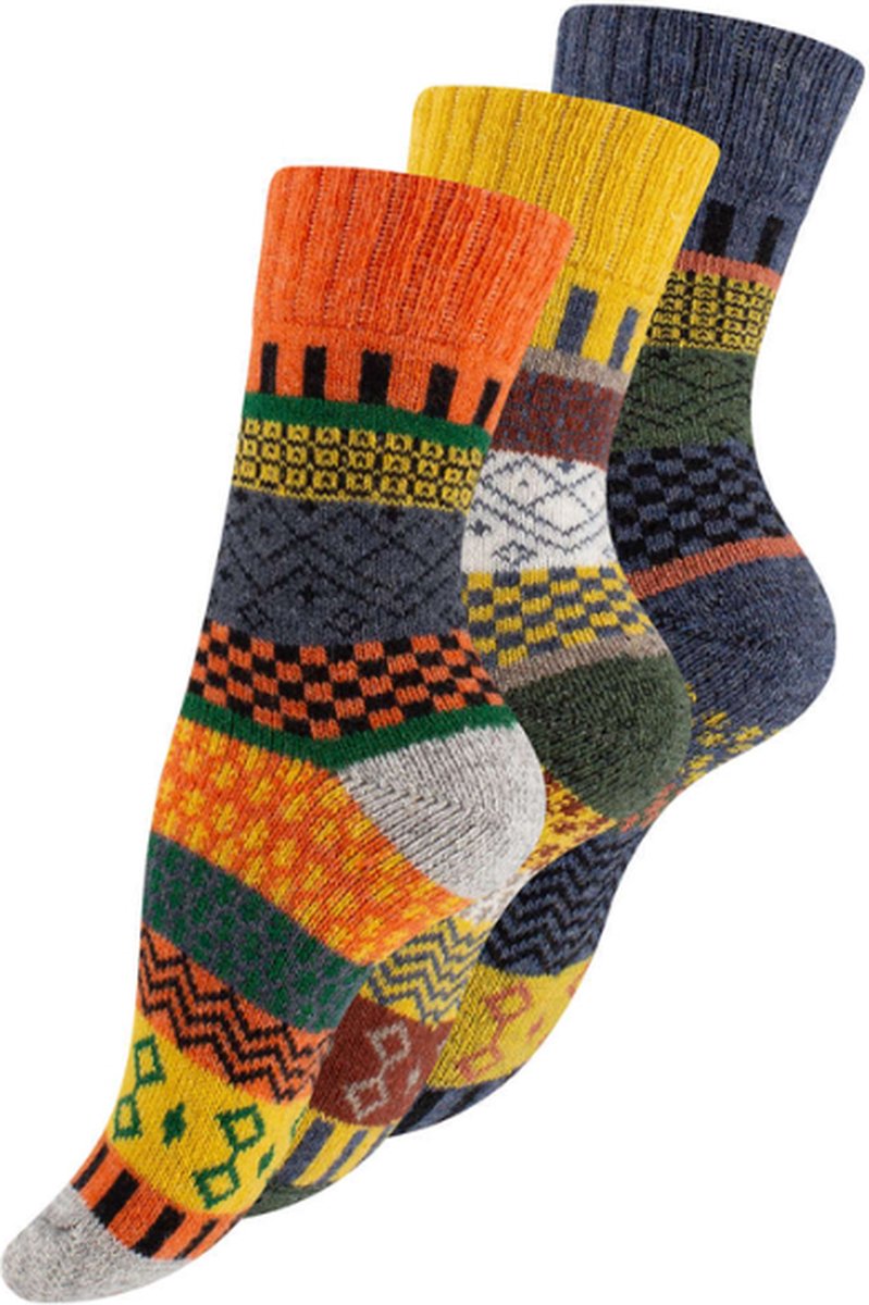 3 paar Noorse wollen sokken - Hygge - Gemixt - Blauw/Geel/Oranje - Maat 43-46