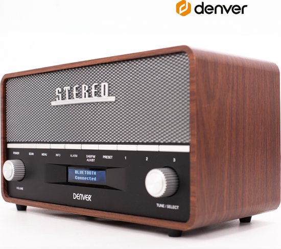 Denver retro radio met houten frame en grijs rasterfront. "BLUETOOTH Connected" op het display.